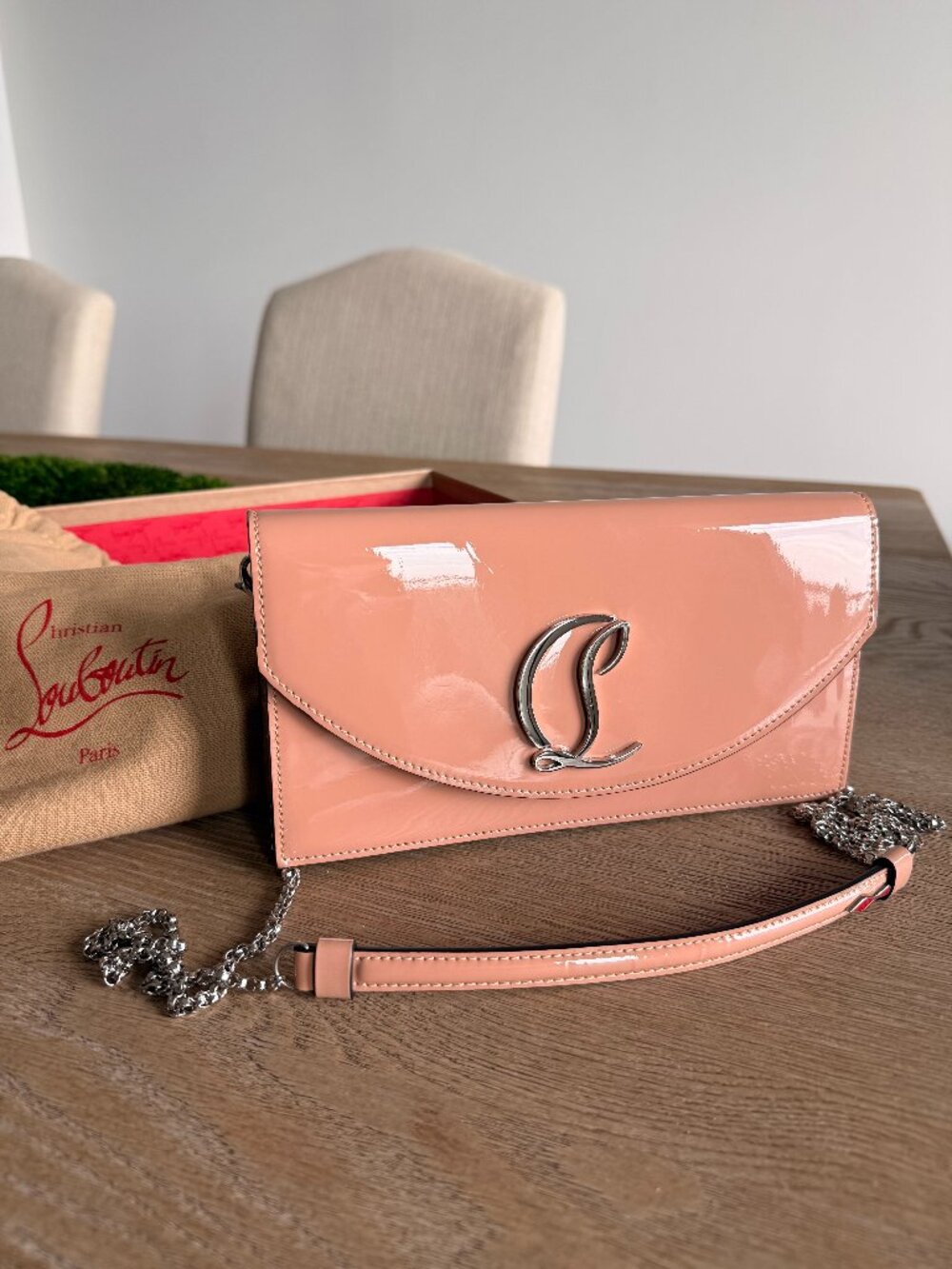 Christian Louboutin Patent Leather Crossbody Clutch in Blush Pink